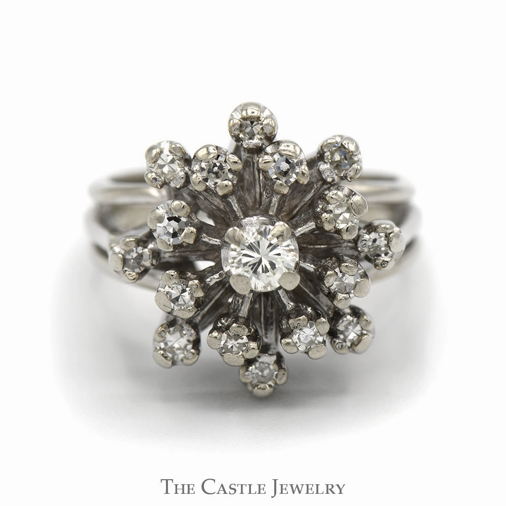 1/2cttw Flower Shaped Diamond Cluster Ring in 14k White Gold Comfortable Piece Artistic Style