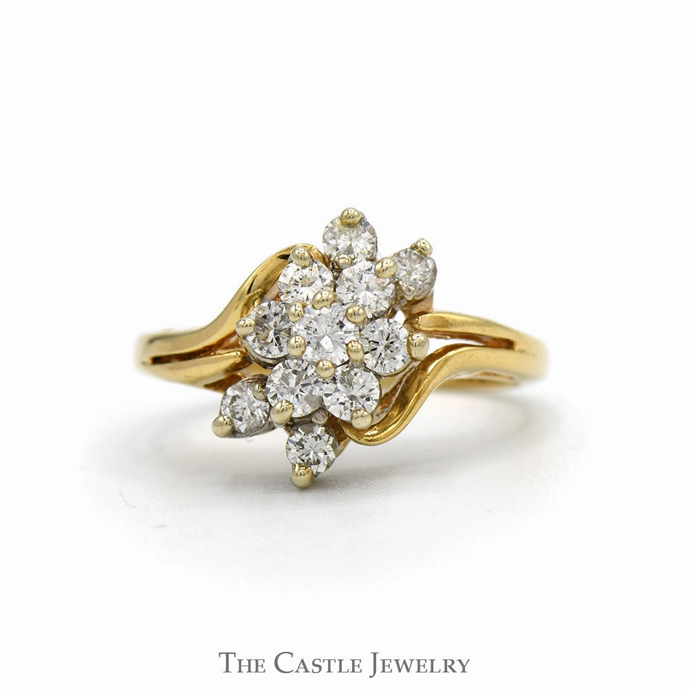 Quality Ornament 1/2cttw Flower Shaped Diamond Cluster Ring with Split Shank Sides in 14k Yellow Gold