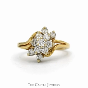 Quality Ornament 1/2cttw Flower Shaped Diamond Cluster Ring with Split Shank Sides in 14k Yellow Gold