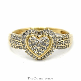 Brilliant Style Timeless Harmony 1/2cttw Heart Shaped Diamond Cluster Ring with Diamond Halo and Accents in 10k Yellow Gold