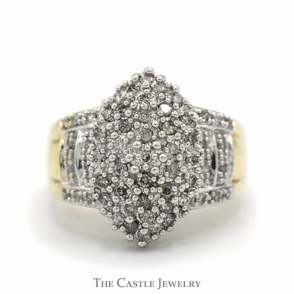 1/2cttw Marquise Shaped Diamond Cluster Ring with Accented Sides in 10k Yellow Gold No Assembly Eternal Ornament