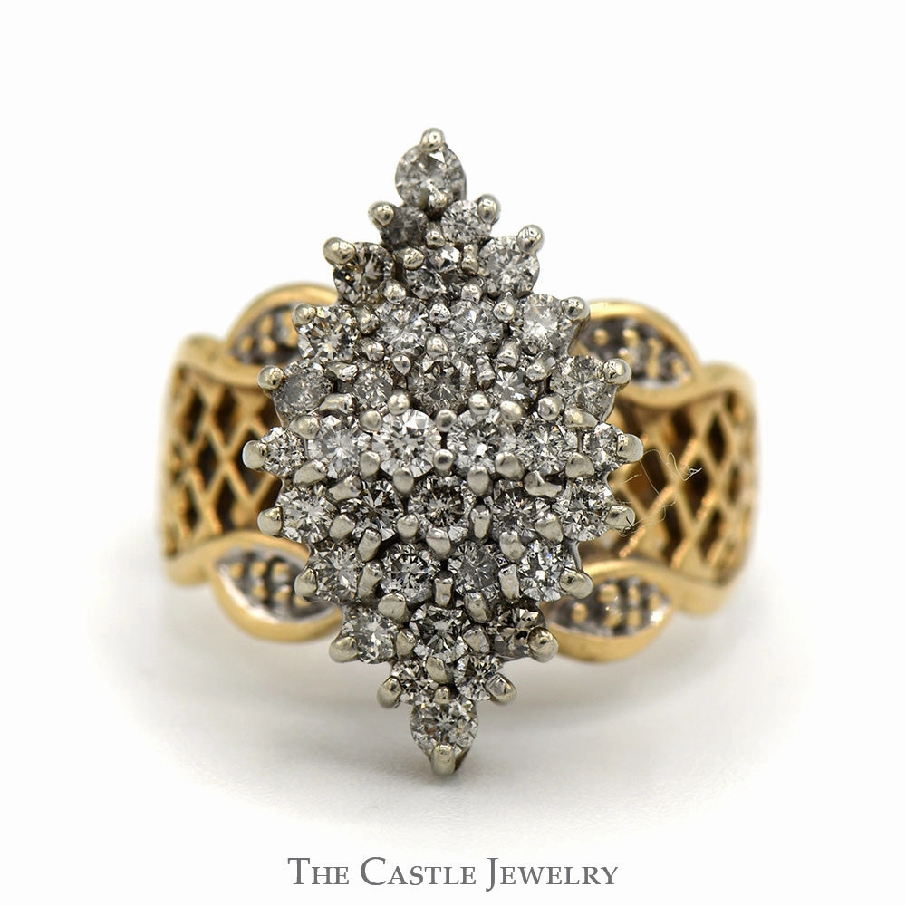 1/2cttw Marquise Shaped Diamond Cluster Ring with Lattice Designed Sides in 10k Yellow Gold Couple Jewelry
