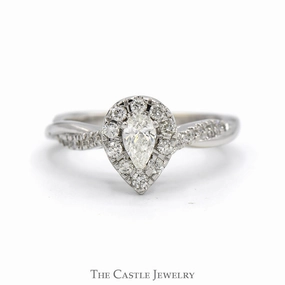 Daily Classic Lightweight Statement 1/2cttw Pear Cut Diamond Engagement Ring with Diamond Halo and Accented Sides in 10k White Gold
