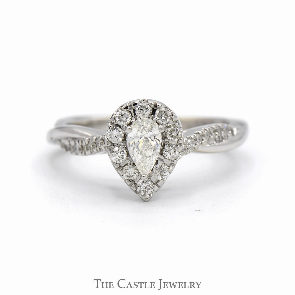 Daily Classic Lightweight Statement 1/2cttw Pear Cut Diamond Engagement Ring with Diamond Halo and Accented Sides in 10k White Gold