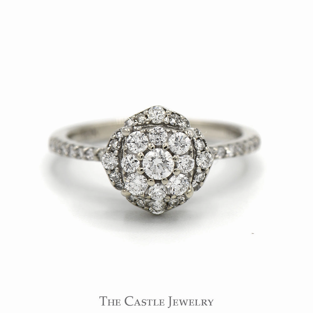 1/2cttw Round Diamond Cluster Engagement Ring with Diamond Accented Sides & Halo in 10k White Gold Patterned Surface Affordable Trinket