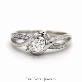 Youth Accent 1/2cttw Round Diamond Engagement Ring with Diamond Accented Open Bypass Sides in 14k White Gold