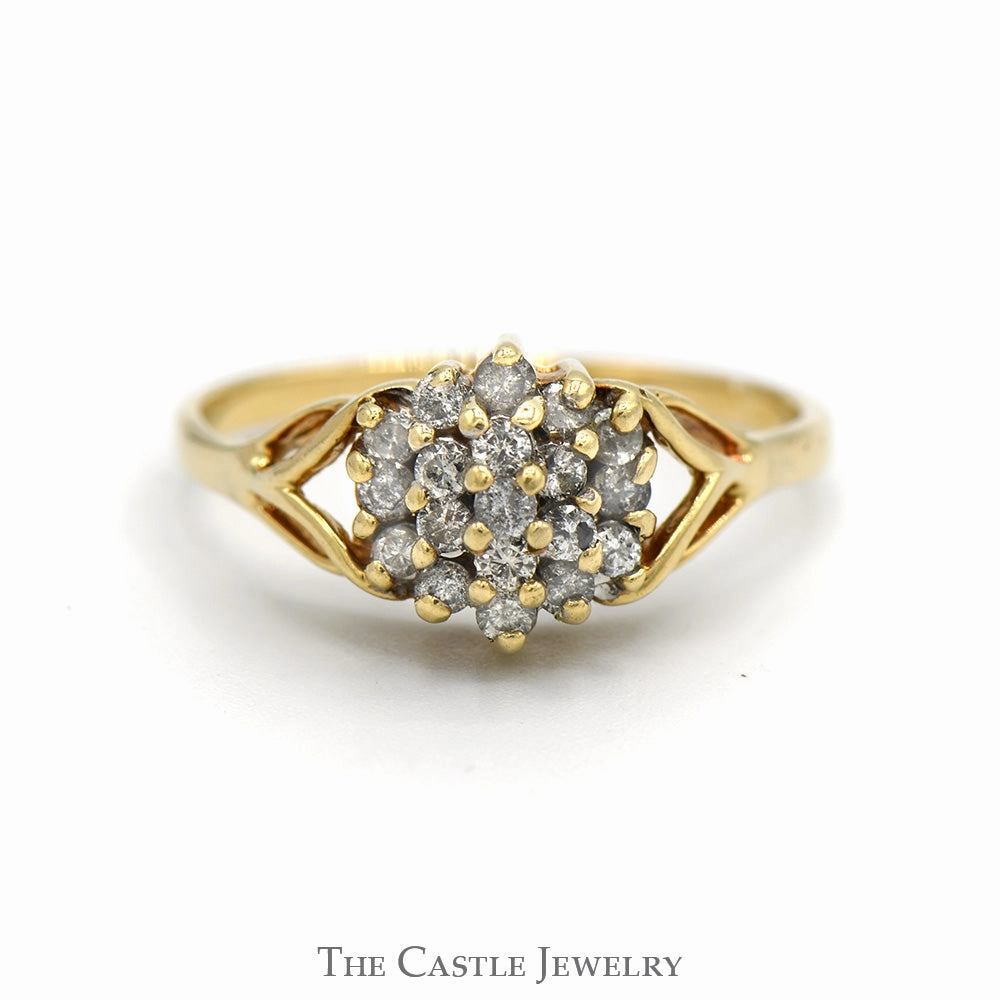 Soft Form Pearlescent Finish 1/2cttw Round Diamond Flower Cluster Ring with Split Shank Sides in 10k Yellow Gold
