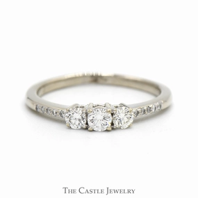 Stretchable Fit 1/2cttw Three Stone Diamond Engagement Ring with Diamond Accented Sides in 10k White Gold