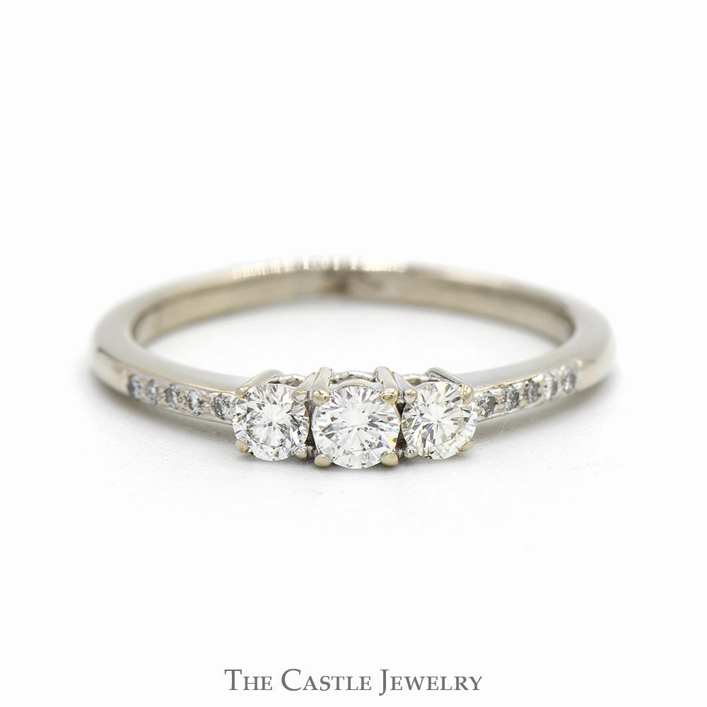 Stretchable Fit 1/2cttw Three Stone Diamond Engagement Ring with Diamond Accented Sides in 10k White Gold