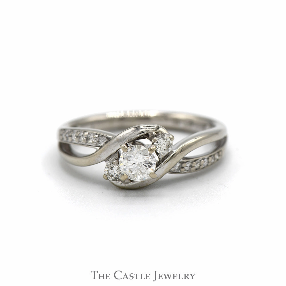 Designer Item 1/2cttw Three Stone Engagement Ring with Diamond Accents in 14k White Gold Bypass Mounting