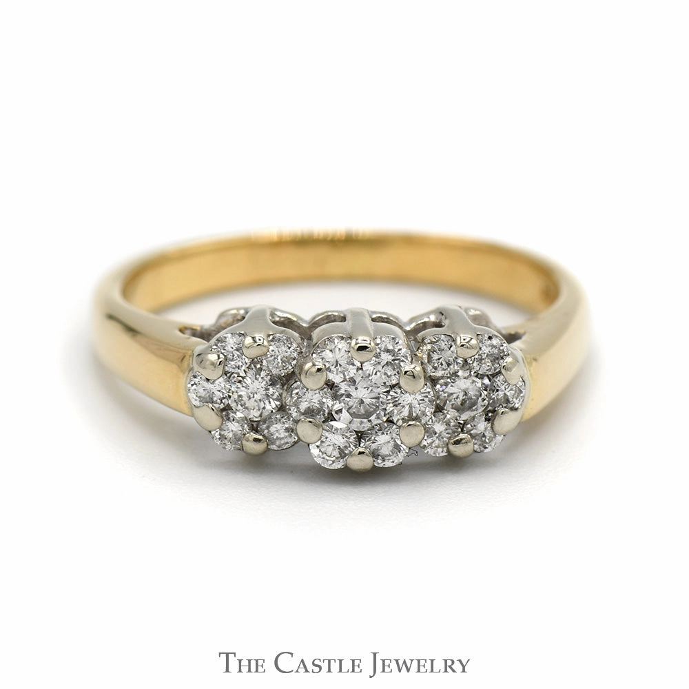 1/2cttw Triple Diamond Flower Cluster Ring in 14k Yellow Gold Everyday Wear Strong Statement