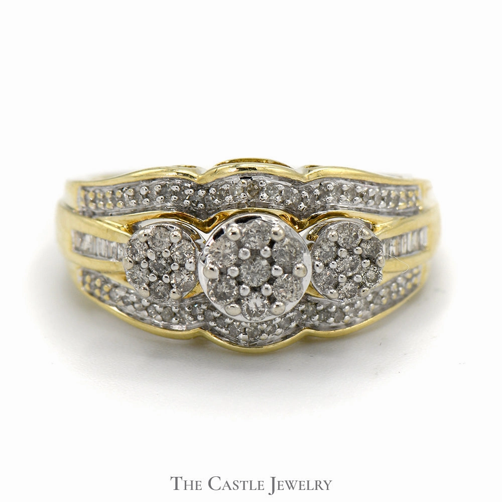 Vivid Accent 1/2cttw Triple Flower Shaped Diamond Cluster Ring with Accents in 10k Yellow Gold