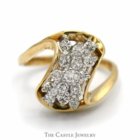 1/2cttw Waterfall Diamond Cluster Ring in 14k Yellow Gold Swirled Bypass Mounting Classic Finish Seasonal Favorite