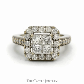 1.33cttw Invisi-set Princess Cut Diamond Cluster Engagement Ring with Diamond Halo and Accented Sides in 10k White Gold Delicate Embellishment