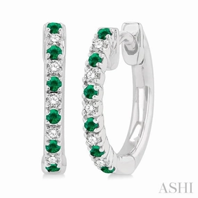 1.35 MM Round Shape Emerald and 1/10 Ctw Petite Round Cut Diamond Precious Fashion Huggies in 10K White Gold Clean Accent
