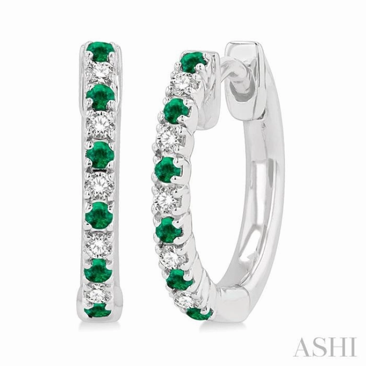 1.35 MM Round Shape Emerald and 1/10 Ctw Petite Round Cut Diamond Precious Fashion Huggies in 10K White Gold Clean Accent