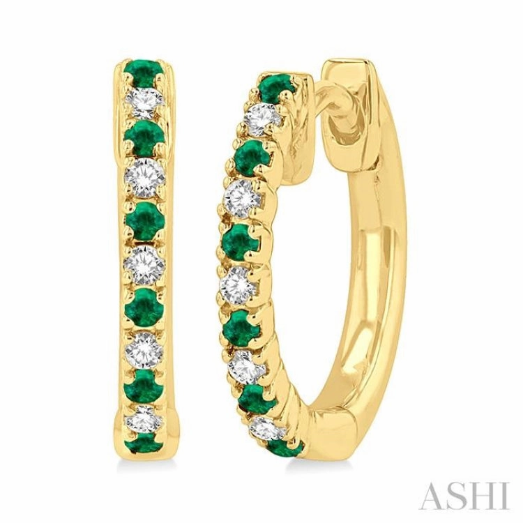1.35 MM Round Shape Emerald and 1/10 Ctw Petite Round Cut Diamond Precious Fashion Huggies in 10K Yellow Gold Playful Spark