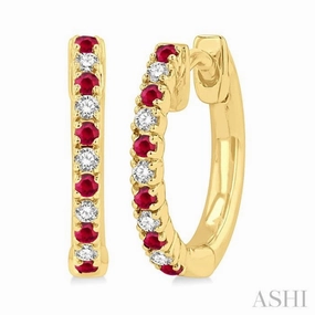 Everyday Design Balanced Highlight 1.35 MM Round Shape Ruby and 1/10 Ctw Petite Round Cut Diamond Precious Fashion Huggies in 10K Yellow Gold