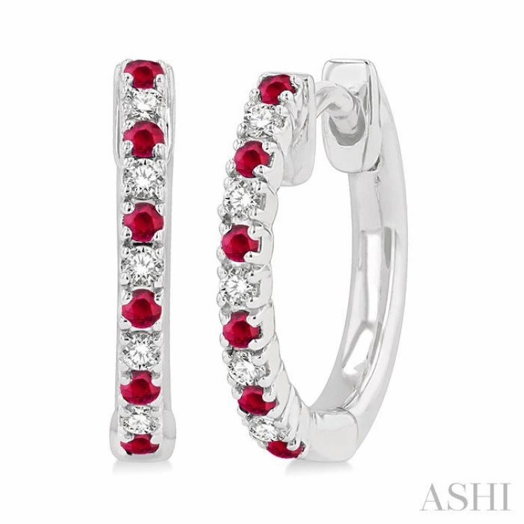 Glam Style Sculpted Shape 1.35 MM Round Shape Ruby and 1/10 Ctw Round Cut Diamond Petite Precious Fashion Huggies in 10K White Gold