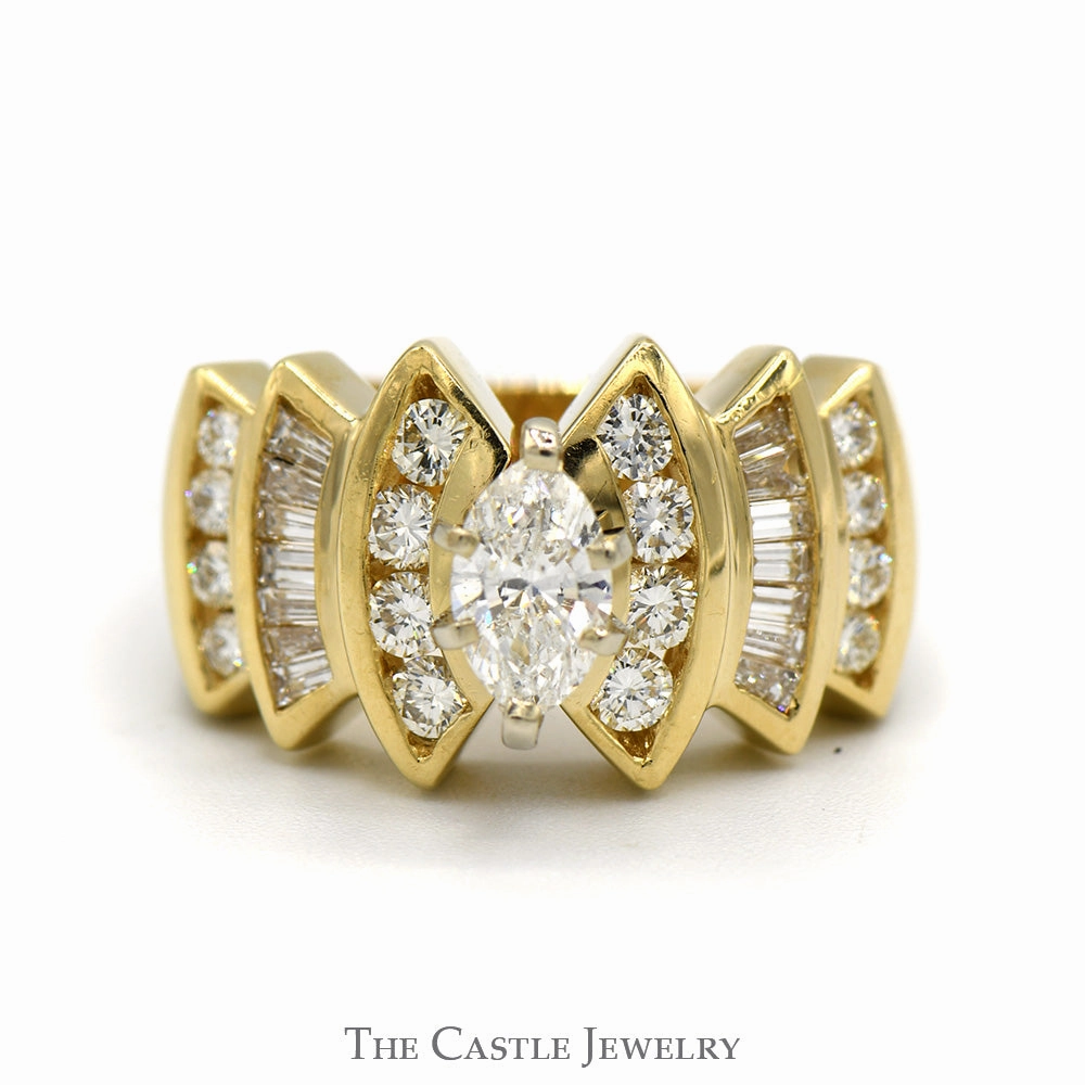 1.38cttw Marquise Cut Diamond Solitaire Ring with Channel Set Diamond Accents in 14k Yellow Gold Glamorous look