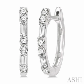 1/3 Ctw Baguette and Single Cut Diamond Petite Huggies in 14K White Gold Precious Shine Minimal Appeal