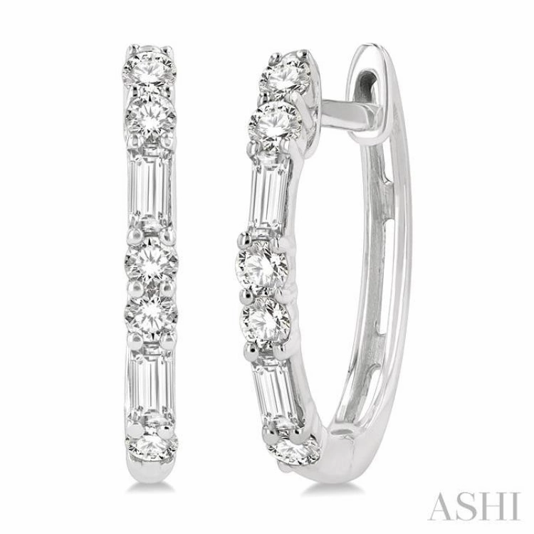 1/3 Ctw Baguette and Single Cut Diamond Petite Huggies in 14K White Gold Precious Shine Minimal Appeal