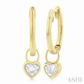 1/3 Ctw Bezel Set Heart Cut Diamond Huggie Earrings in 14K Yellow Gold Sculpted Accent