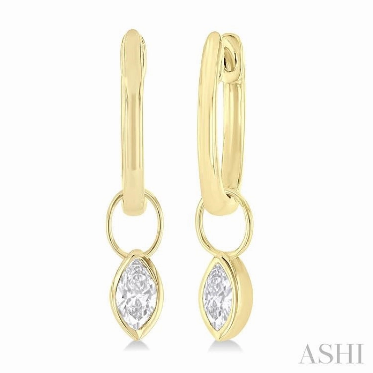 Refined Shape Textured Accent 1/3 ctw Bezel Set Marquise Cut Diamond Huggie Earrings in 10K Yellow Gold