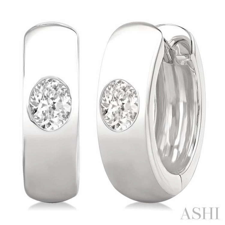 1/3 ctw Bezel Set Oval Cut Diamond Fashion Huggie Earrings in 14K White Gold Soft Match