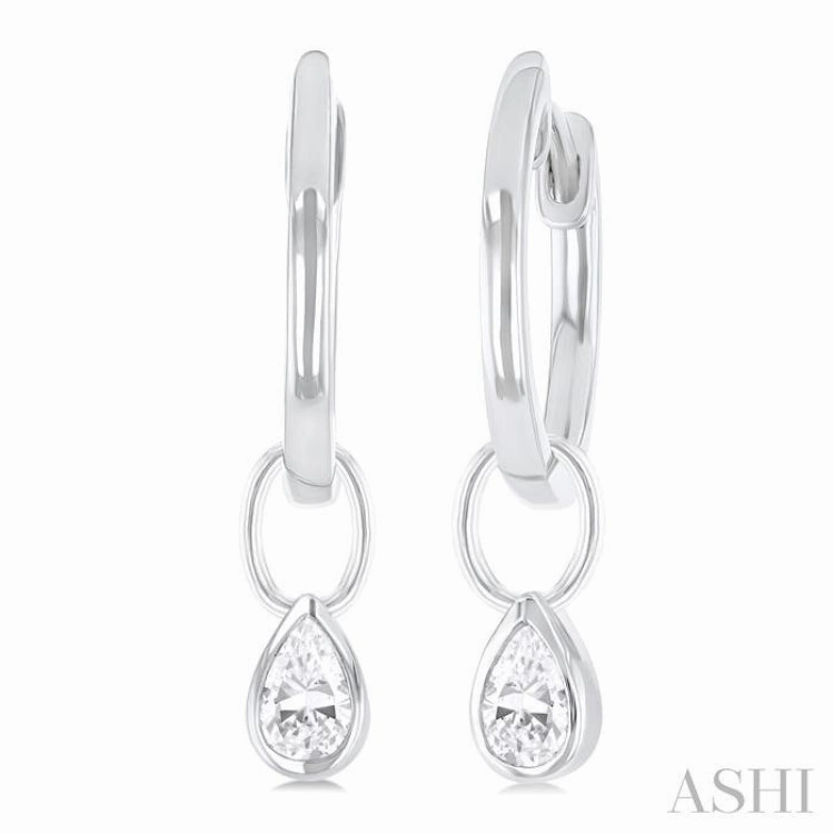 1/3 ctw Bezel Set Pear Cut Diamond Huggie Earrings in 10K White Gold Structured Accent
