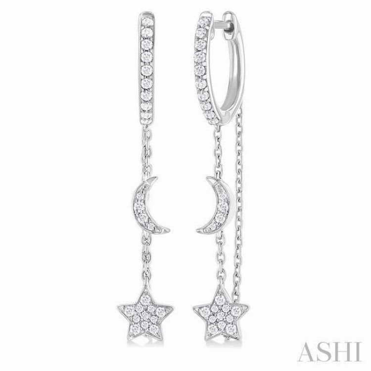 Silken Touch Glow Touch 1/3 ctw Crescent Moon & Star Round Cut Diamond Chain Dangler Hoop Earring in 10K White Gold