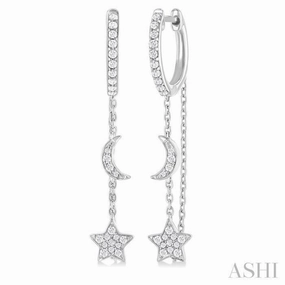 Silken Touch Glow Touch 1/3 ctw Crescent Moon & Star Round Cut Diamond Chain Dangler Hoop Earring in 10K White Gold
