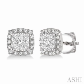 Layered Combo Studio Shot 1/3 Ctw Cushion Shape Lovebright Round Cut Diamond Stud Earrings in 14K White Gold
