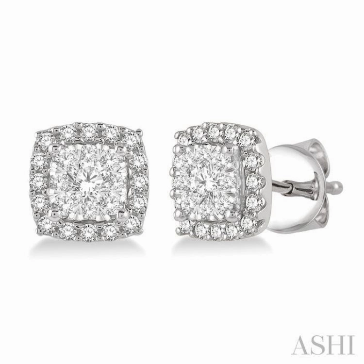 Layered Combo Studio Shot 1/3 Ctw Cushion Shape Lovebright Round Cut Diamond Stud Earrings in 14K White Gold