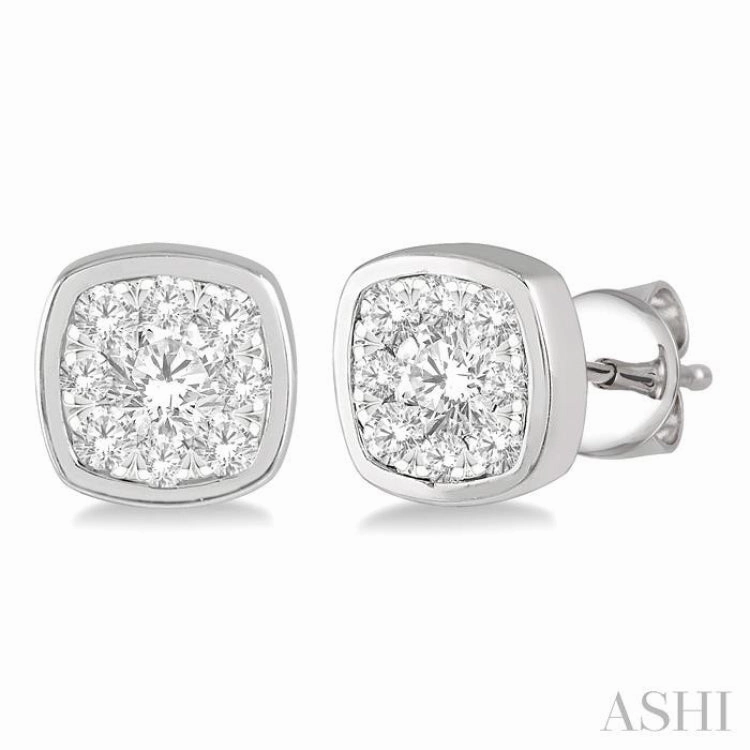 1/3 Ctw Cushion Shape Round Cut Diamond Lovebright Bezel Stud Earring in 14K White Gold Stylish Highlight Stylish Style