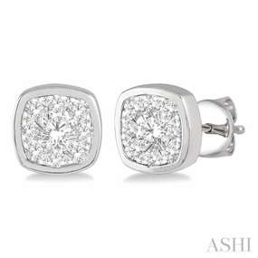 1/3 Ctw Cushion Shape Round Cut Diamond Lovebright Bezel Stud Earring in 14K White Gold Stylish Highlight Stylish Style