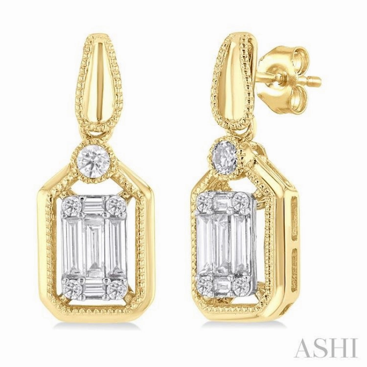 Understated Mood Silky Finish 1/3 Ctw Fusion Baguette and Round Cut Diamond Fashion Earrings in 14K Yellow and White Gold