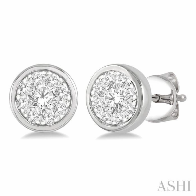 1/3 Ctw Medallion Lovebright Round Cut Diamond Bezel Stud Earring in 14K White Gold Glow Touch