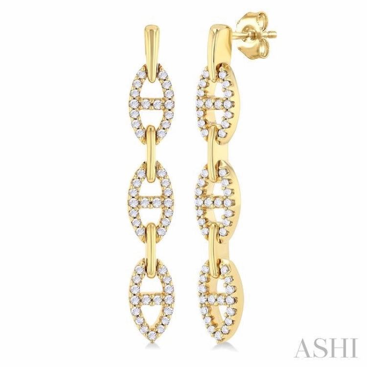 muted tone Minimalist Edge 1/3 Ctw Open Window D-Link Round Cut Diamond Fashion Long Earring in 14K Yellow Gold
