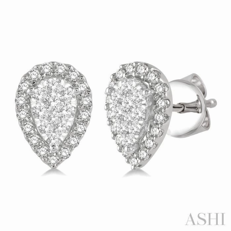 Bold Accent Clear Finish 1/3 Ctw Pear Shape Lovebright Diamond Stud Earrings in 14K White Gold