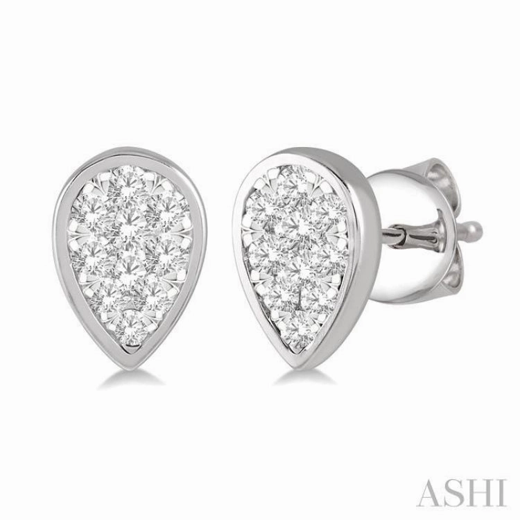 Dressy Mood 1/3 ctw Pear Shape Lovebright Round Cut Diamond Bezel Stud Earring in 14K White Gold