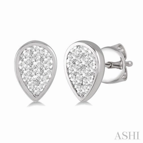 Dressy Mood 1/3 ctw Pear Shape Lovebright Round Cut Diamond Bezel Stud Earring in 14K White Gold
