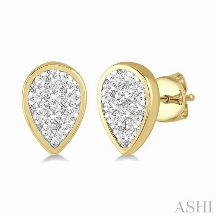 Chic Glam Gleaming Finish 1/3 Ctw Pear Shape Lovebright Round Cut Diamond Bezel Stud Earring in 14K Yellow and White Gold
