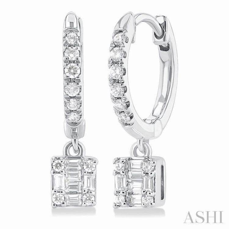 Trendy Layer Quiet Look 1/3 Ctw Petite Square Shape Fusion Diamond Fashion Huggies in 10K White Gold