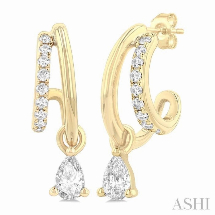 Quiet Glow Everyday Charm 1/3 Ctw Split Design Pear and Round Cut Diamond Half Hoop Earrings in 14K Yellow Gold