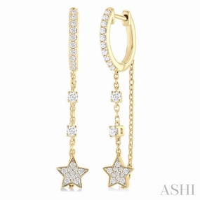 1/3 ctw Star Round Cut Diamond Chain Dangler Hoop Earring in 10K Yellow Gold Layered Detail