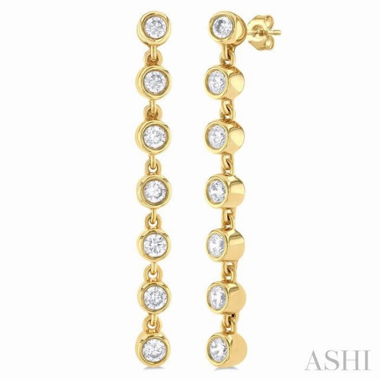 1/4 ctw Bezel Set Round Cut Diamond Long Tennis Earring in 14K Yellow Gold Nature Inspired