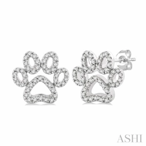 Trendy Texture 1/4 ctw Petite Dog Paw Round Cut Diamond Fashion Stud Earring in 10K White Gold