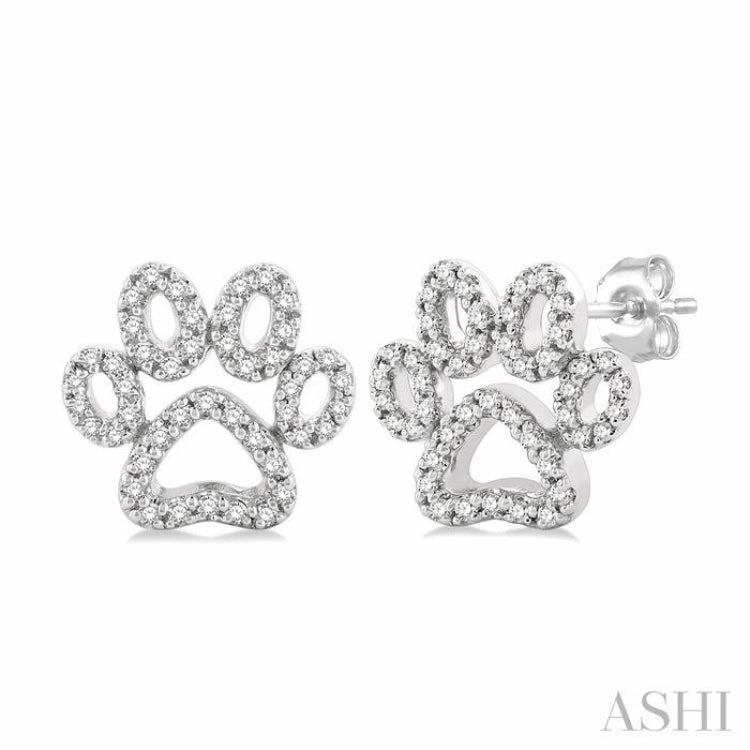 Trendy Texture 1/4 ctw Petite Dog Paw Round Cut Diamond Fashion Stud Earring in 10K White Gold
