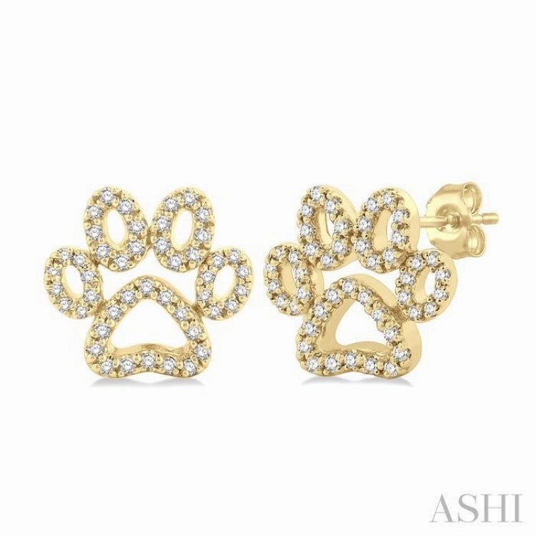 Unique Detail Flawless Accent 1/4 ctw Petite Dog Paw Round Cut Diamond Fashion Stud Earring in 10K Yellow Gold